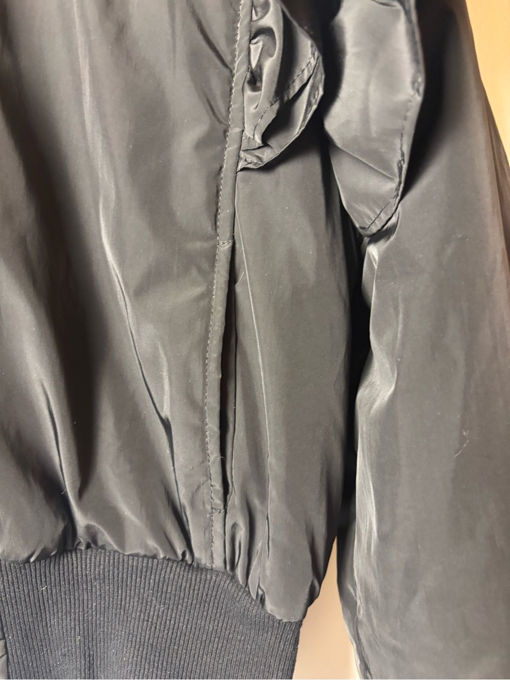 Shop Michelle Vintage Ruffle Shoulder Bomber Jacket - Black, size small - Picture 7 of 13